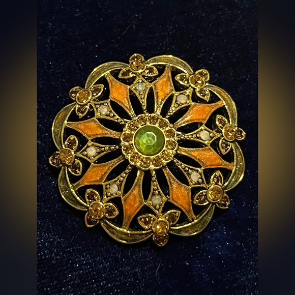 Vintage Monet Gold-Tone and Orange Brooch with Green Center - Picture 3 of 13